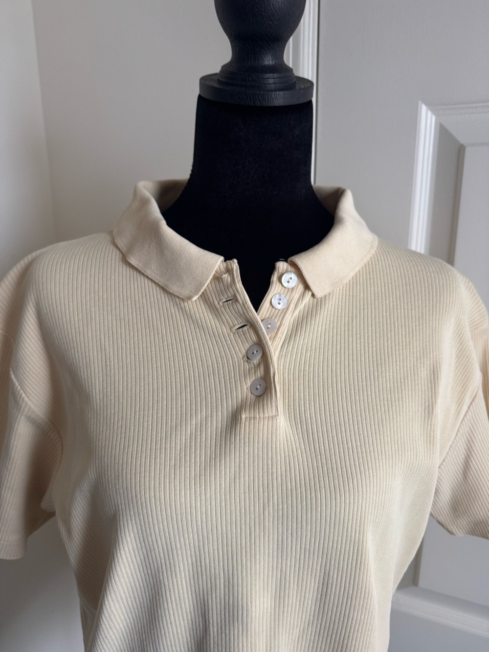 Woolrich 100% Cotton Beige Polo Shirt Women’s L Short Sleeve Button Knit